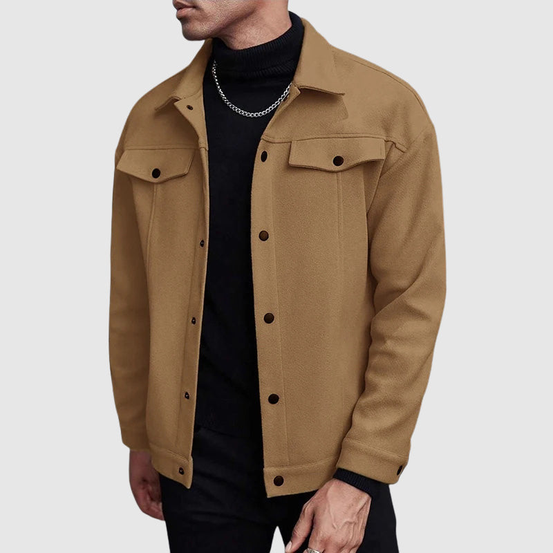 Modern men's shacket: a casual button-down shirt jacket. Stylish fall & spring outerwear, great for layering.
