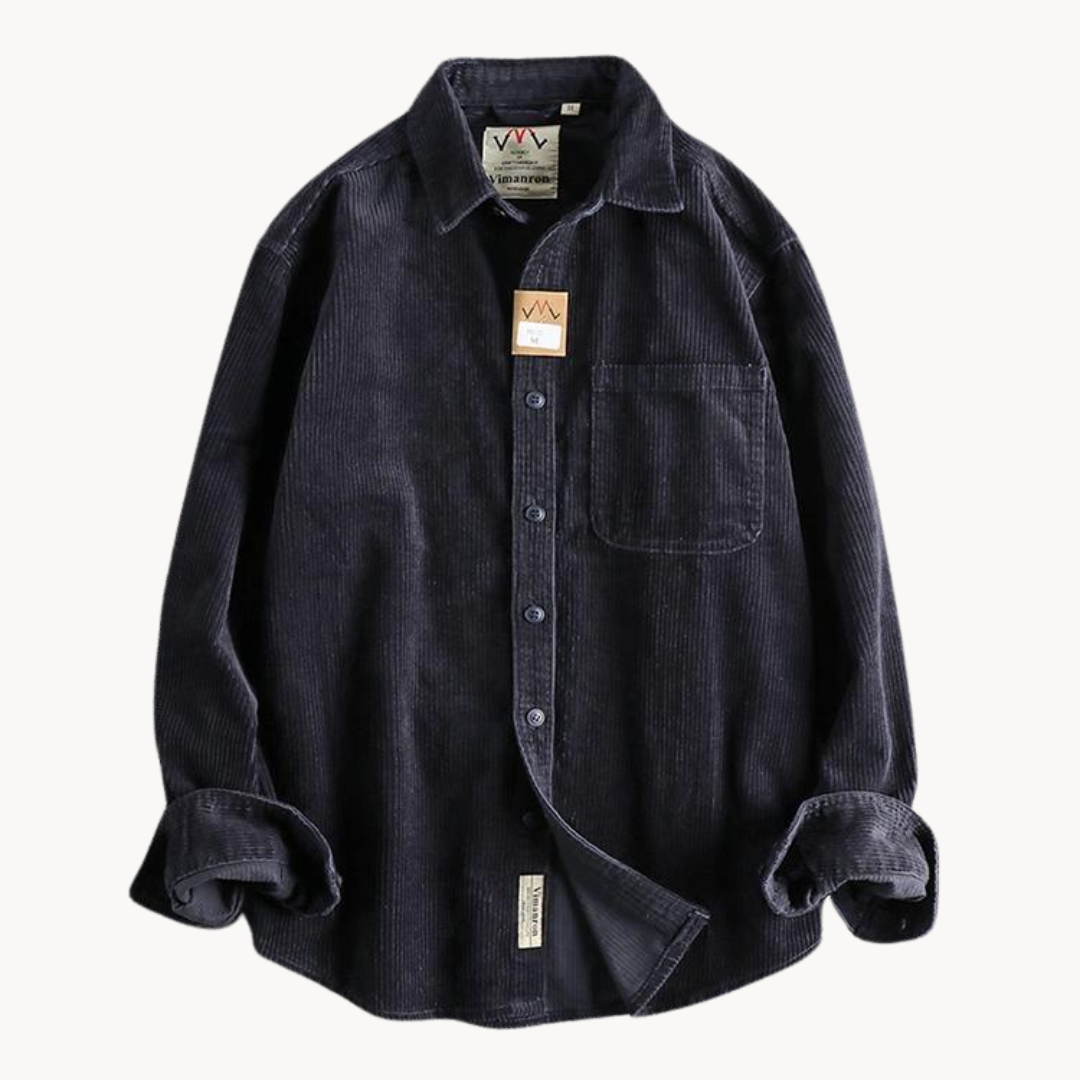 Full view of a men's long sleeve corduroy shirt in a versatile color, great for everyday wear