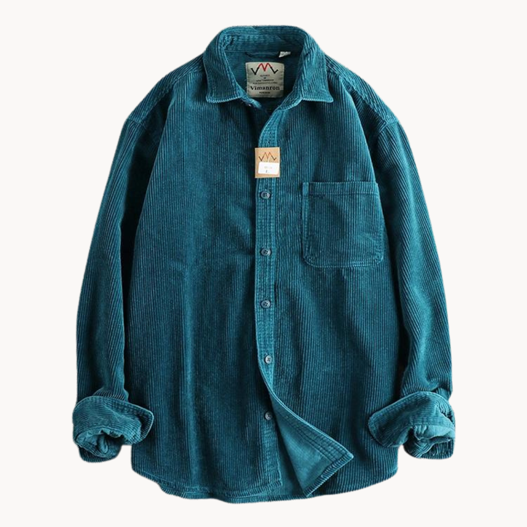 Detailed shot of the buttons and stitching on a men's casual corduroy collared shirt