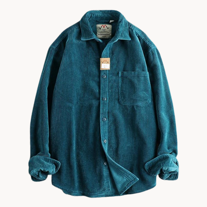 Detailed shot of the buttons and stitching on a men's casual corduroy collared shirt