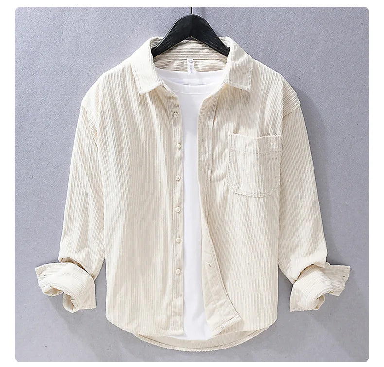 Model wearing a men's corduroy long sleeve button-down shirt, showcasing its casual appeal