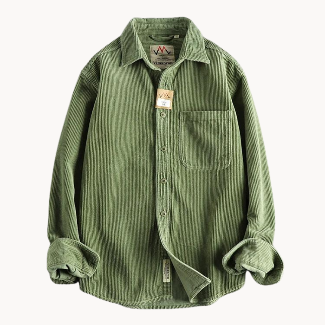 Man's arm wearing a corduroy long sleeve shirt, emphasizing the comfortable and soft material