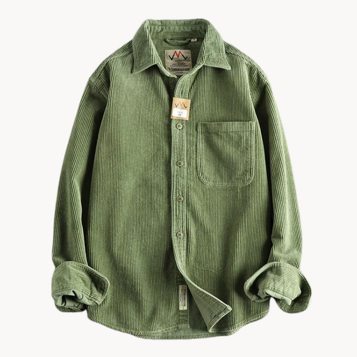 Man's arm wearing a corduroy long sleeve shirt, emphasizing the comfortable and soft material