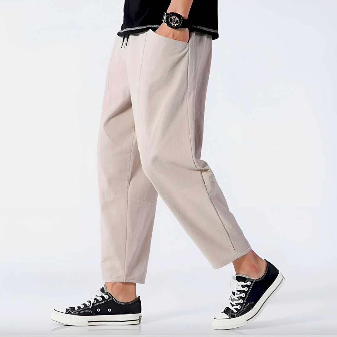 Everyday men's cropped chino pants, versatile with a drawstring for relaxed fit.