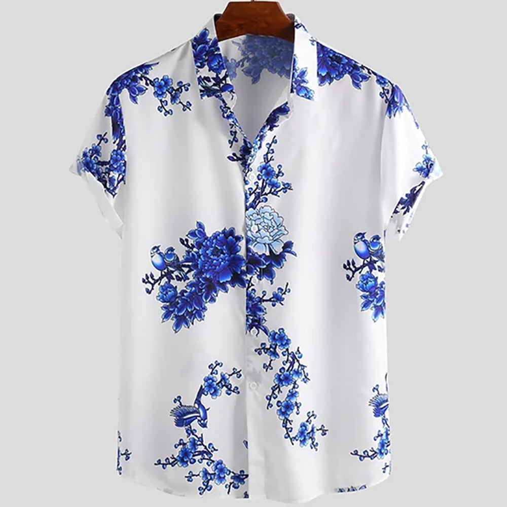 Vibrant floral pattern men's short-sleeve summer shirt, a stylish casual fashion choice for warm weather.