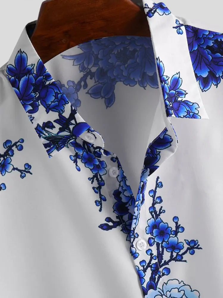 Men's short-sleeve floral summer shirt with vibrant print. A stylish casual fashion statement for men.