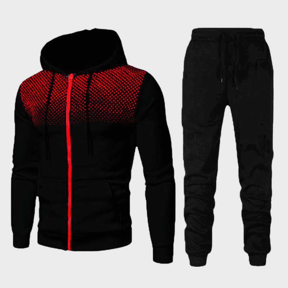 Sporty men's black two-piece tracksuit, featuring a comfortable hoodie and matching joggers