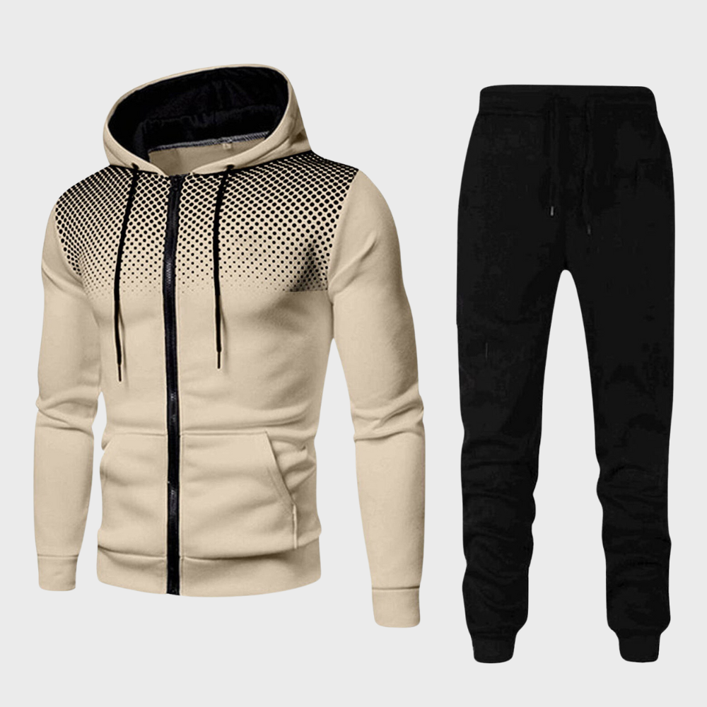 Stylish men's loungewear tracksuit in a two-tone design, including a hoodie and joggers