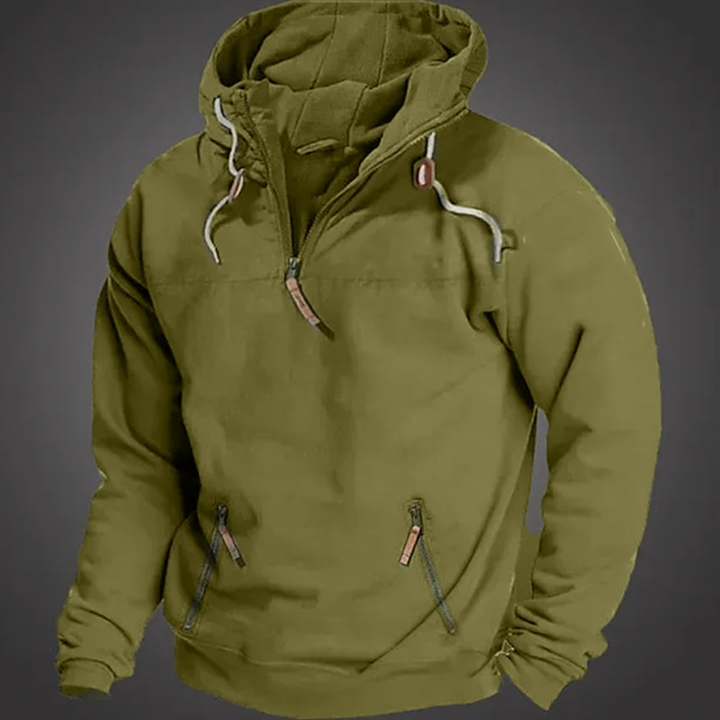 Comfortable men's half-zip long sleeve hoodie, a versatile hooded sweatshirt for casual fashion.