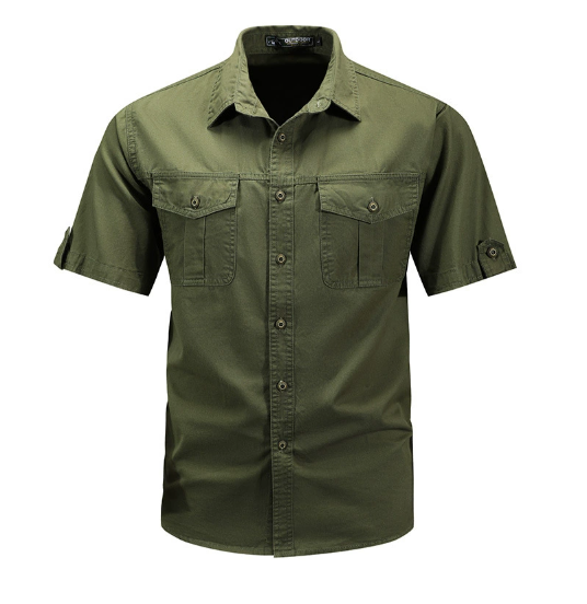 Beige men's long-sleeve utility shirt with button-down collar and chest pockets