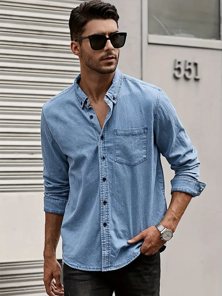 Men's casual long-sleeve button-up denim shirt, perfect for fall fashion & autumn style.