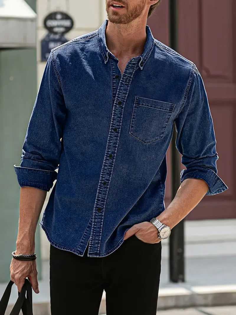 Versatile men's button-up long-sleeve denim shirt for casual wear & stylish fall outfits.