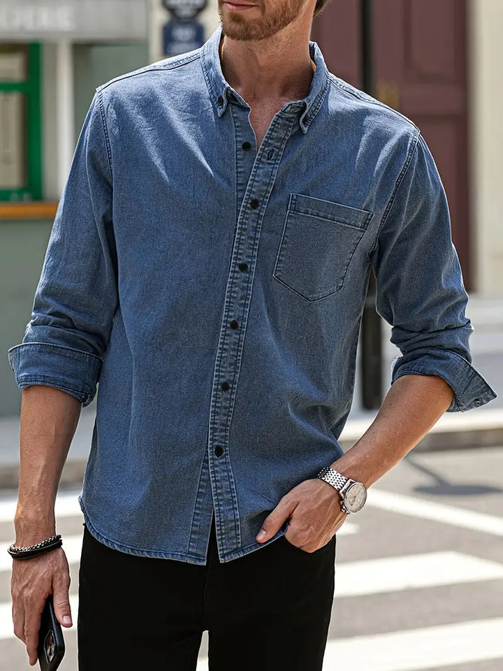 Denim long-sleeve men's shirt, an essential casual button-up for autumn fashion & seasonal style.