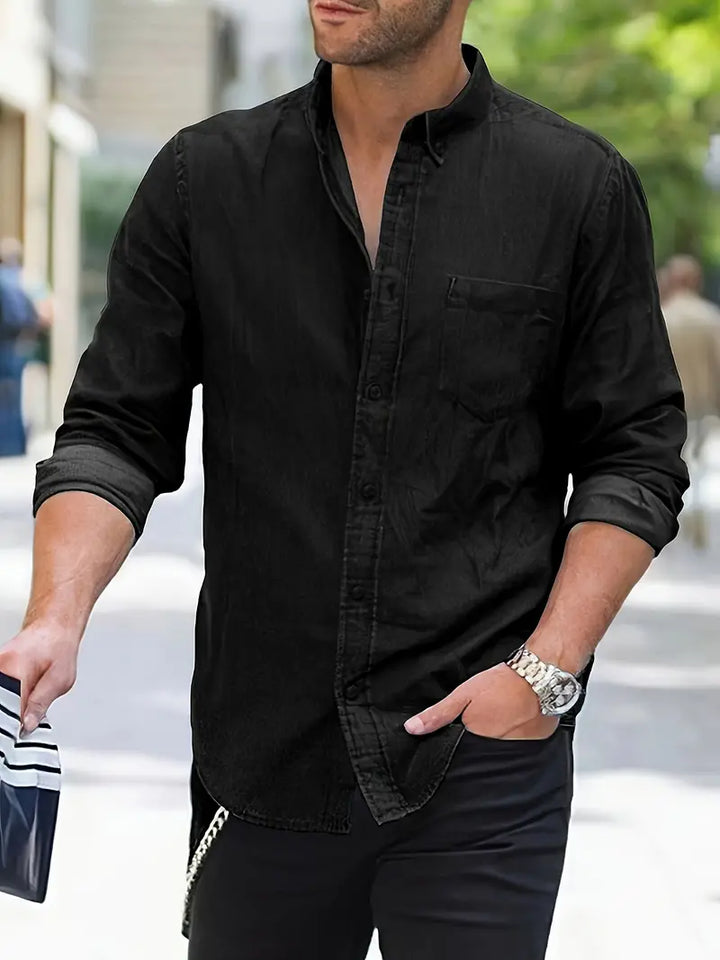 Comfortable men's long-sleeve denim button-up shirt, ideal for casual fall wear & mens tops.
