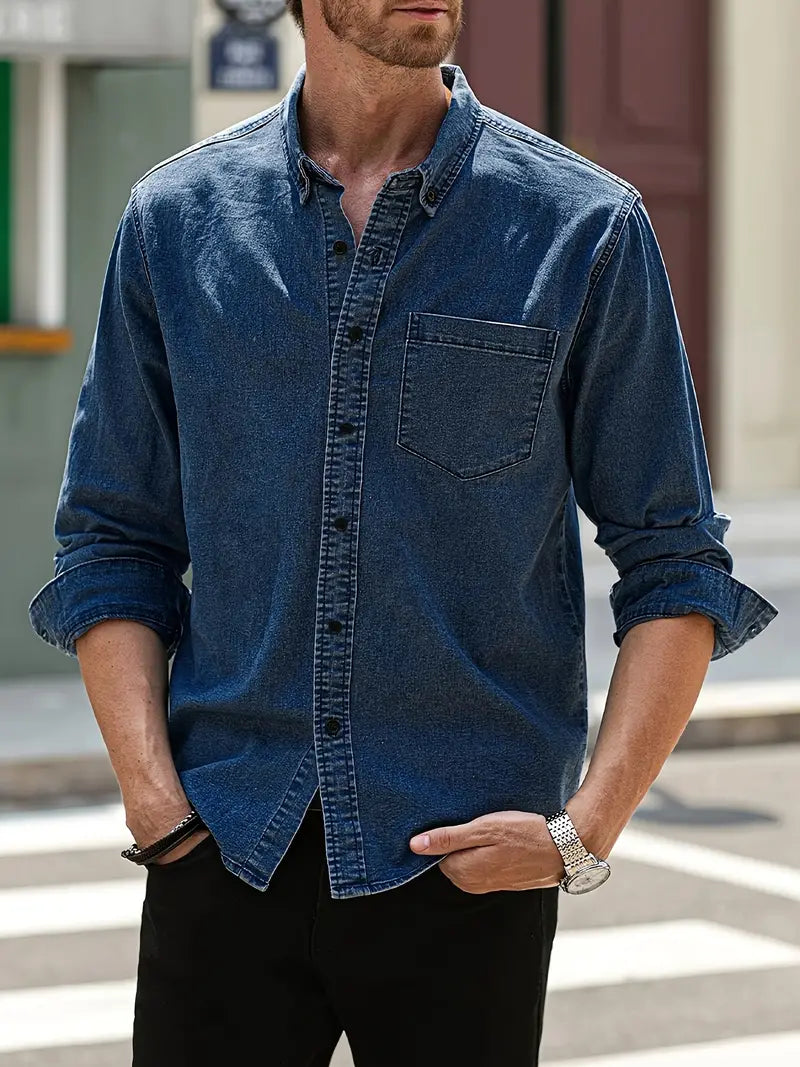 Stylish men's fall denim shirt. Long-sleeve button-up, perfect for casual autumn fashion.