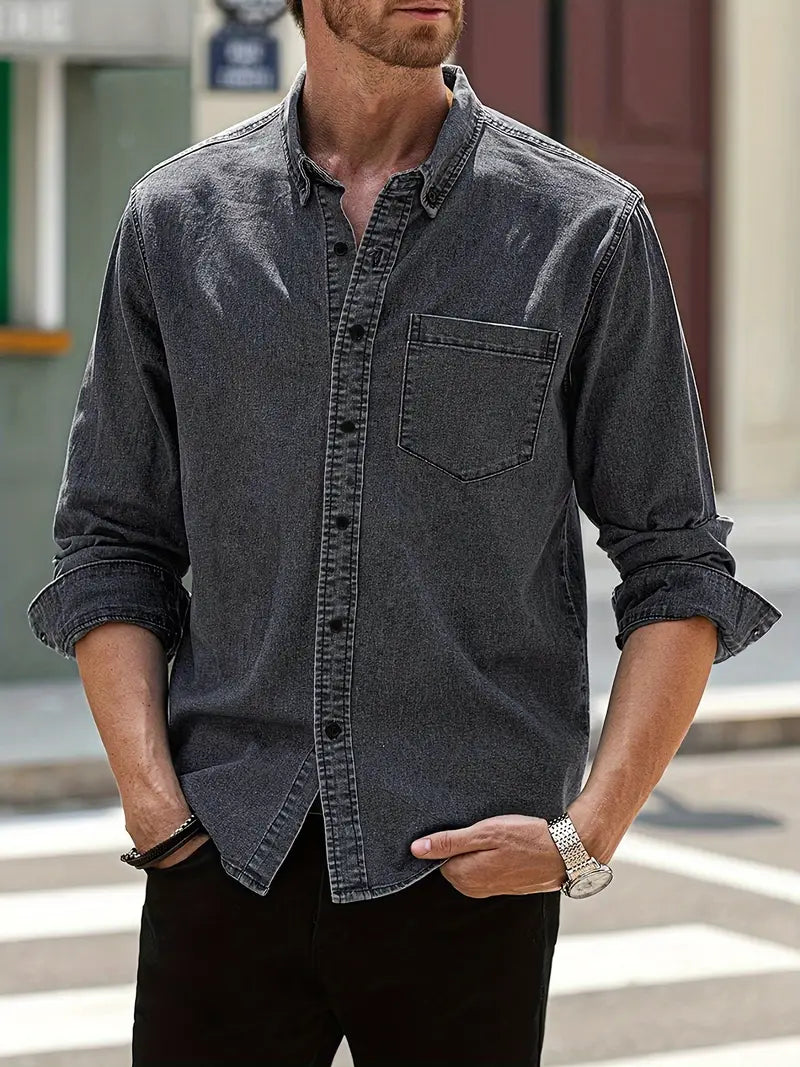 Men's long-sleeve denim button-up shirt. Casual autumn wear, a versatile top for fall fashion.