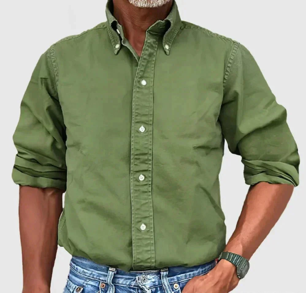 Military green men's casual long sleeve button-up shirt, ideal for stylish comfort