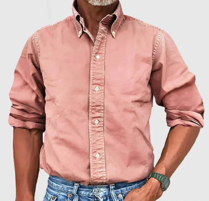 Grey men's casual long sleeve button-up shirt, a classic and comfortable choice
