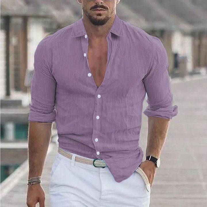 Stylish men's casual long-sleeve button-up shirt with classic turn-down collar, versatile for any occasion.