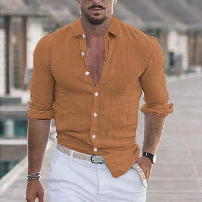 Front view of a men's classic casual button-up shirt, long sleeve, turn-down collar, modern spring style.