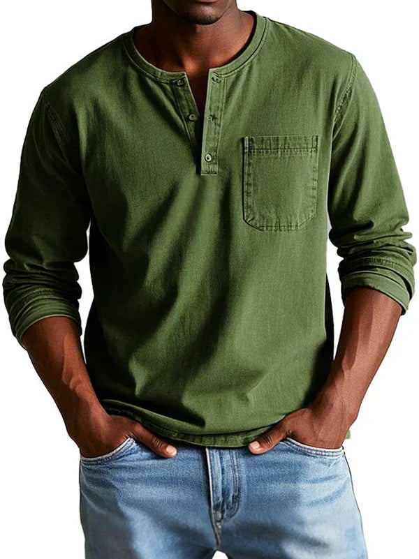 Stylish men's long sleeve henley top with button placket, perfect for versatile casual wear