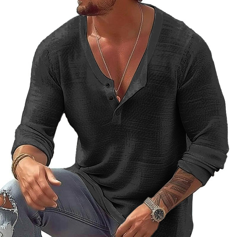 Stylish men's casual long sleeve Henley tee, designed for a comfortable fit and modern everyday fashion.