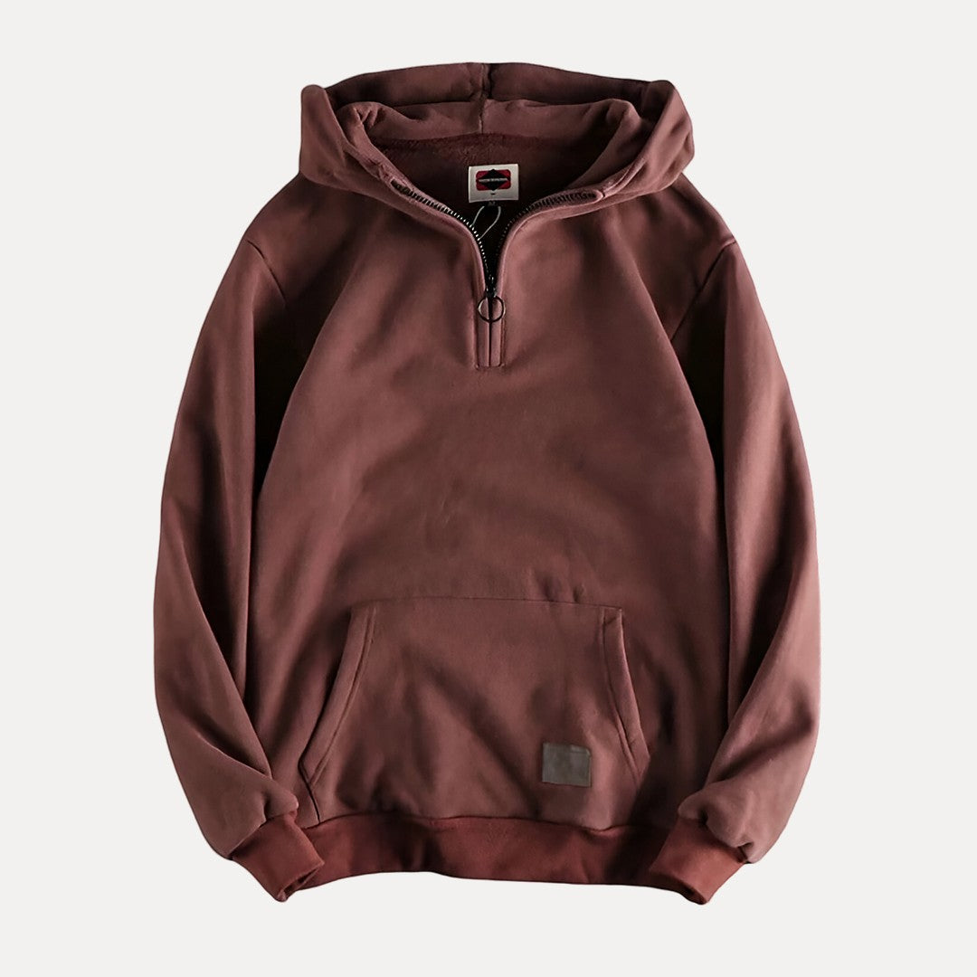Men's casual long sleeve pullover hoodie in dark grey, featuring a half zip and comfortable fit.