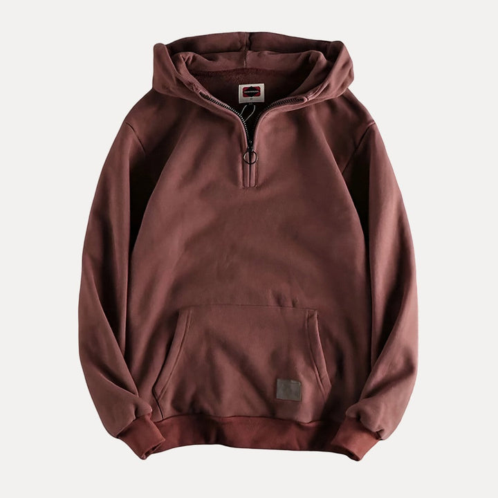 Men's casual long sleeve pullover hoodie in dark grey, featuring a half zip and comfortable fit.