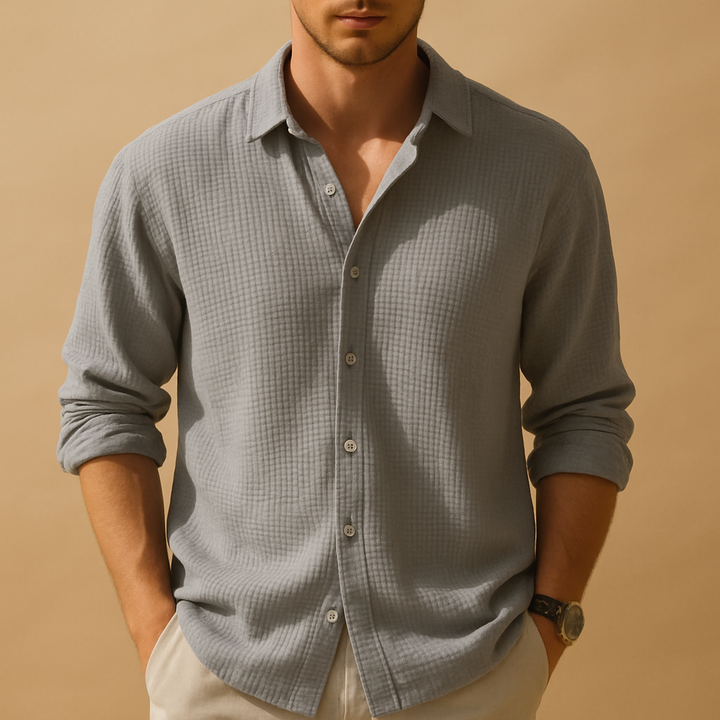 Men's casual long sleeve shirt with stand collar. Solid color button-up for versatile fashion.