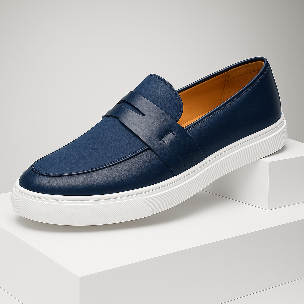 Men's casual navy blue leather slip-on loafers, comfortable and stylish for everyday wear