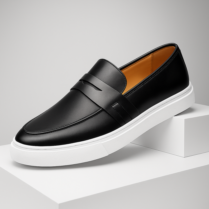Classic black leather slip-on loafers for men, versatile and perfect for casual outfits