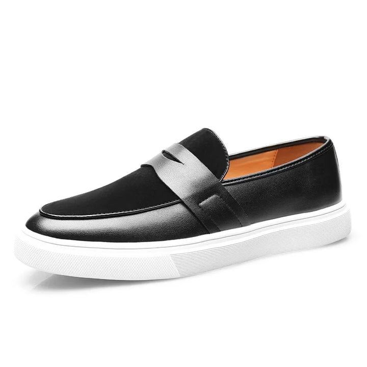 Three pairs of men's casual leather slip-on loafers: navy, black, and wine red
