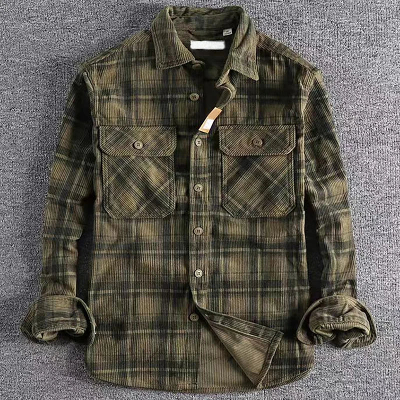 Men's casual red and black plaid flannel shirt, long sleeve button-up, comfort fit for winter fashion.