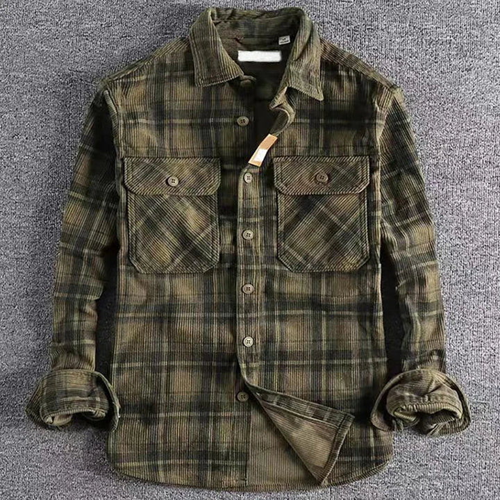 Men's casual red and black plaid flannel shirt, long sleeve button-up, comfort fit for winter fashion.