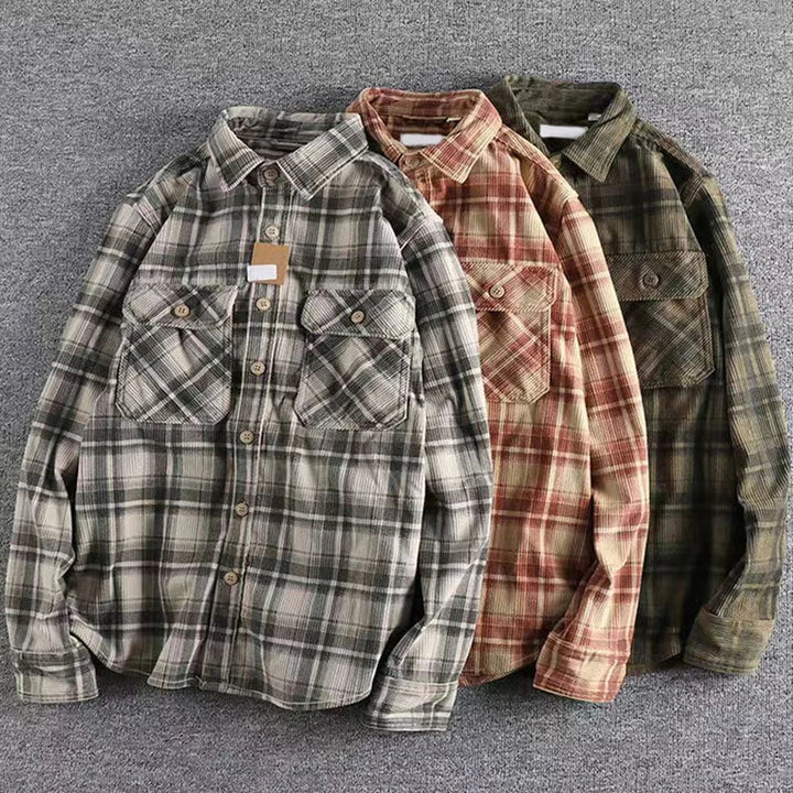 Versatile men's gray and white plaid flannel shirt, a staple for men's apparel and winter fashion.