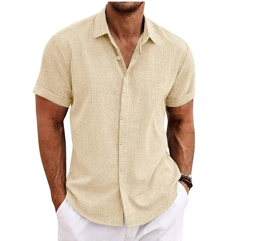 Relaxed fit men's short sleeve button-up shirt. Versatile solid color apparel for casual wear and summer fashion.