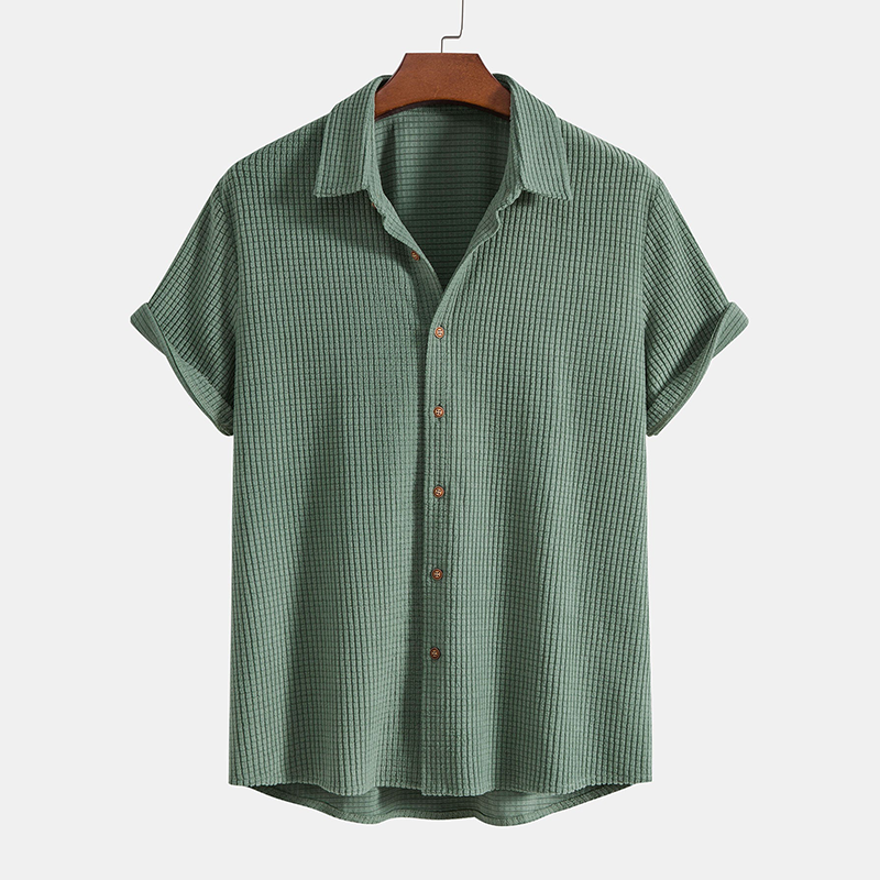 Stylish men's relaxed fit short sleeve shirt & drawstring shorts set. Casual two-piece summer outfit.
