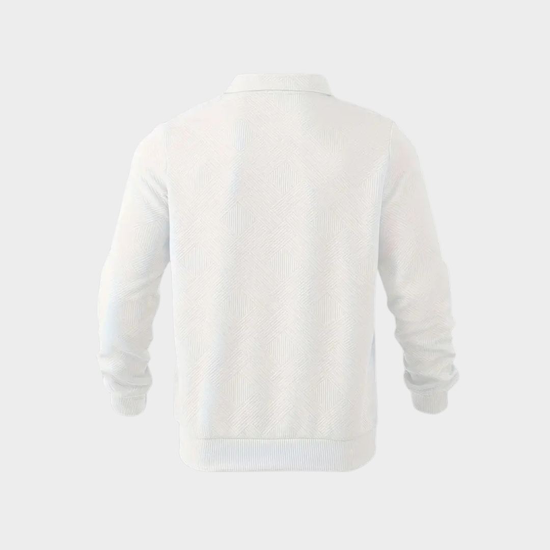 Men's casual fashion: textured half-zip pullover in a light grey, combining style & comfort