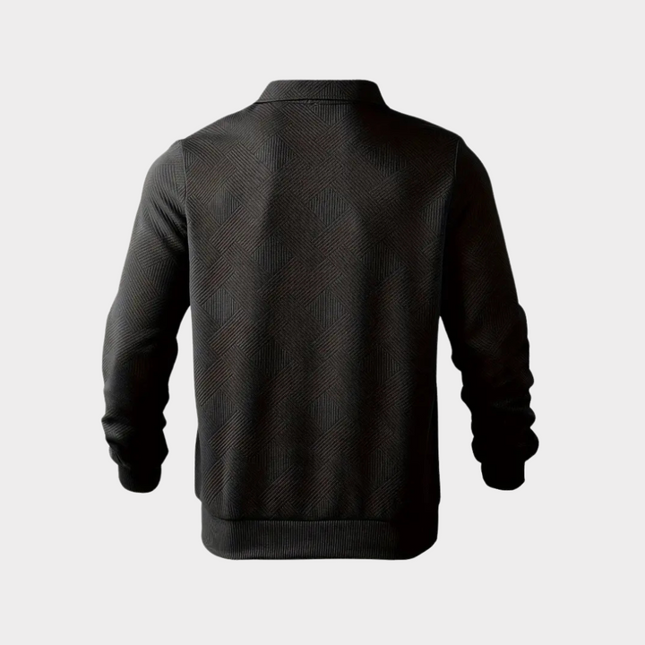 Lifestyle shot: man in a casual textured half-zip pullover, relaxing, exuding comfort