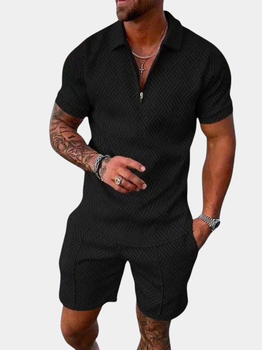 Men's casual two-piece outfit: zip polo shirt & matching shorts. Ideal for summer leisure & warm weather style.