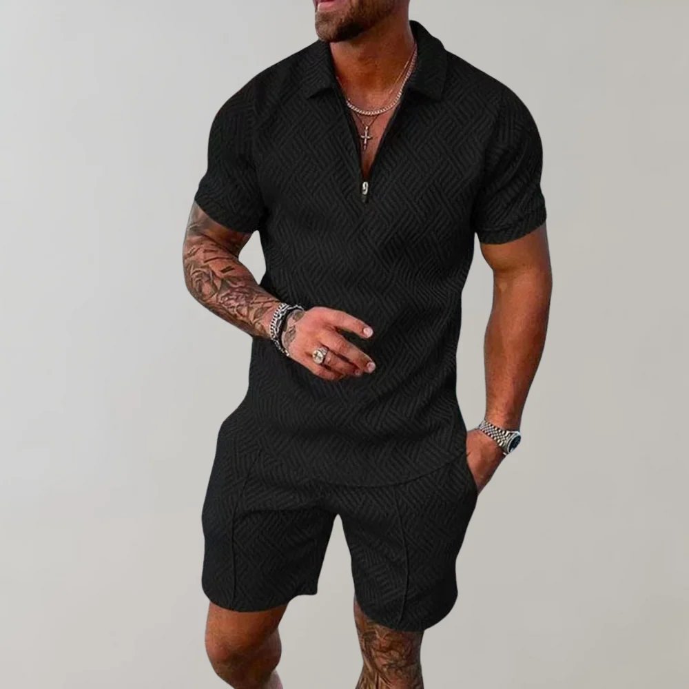 Stylish men's zip polo shirt & matching shorts set. Breathable fabric, perfect casual summer outfit.