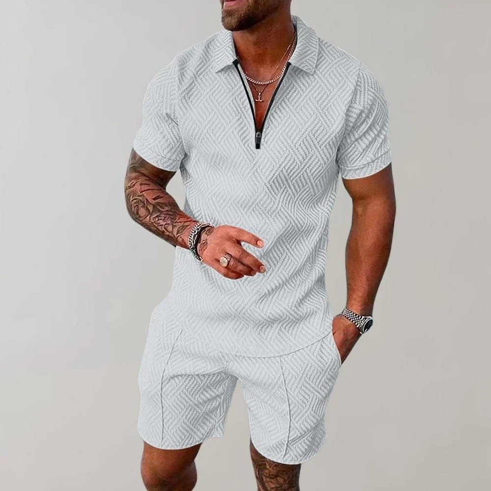 Comfortable men's shorts & zip polo outfit set. Casual two-piece ideal for summer warm weather leisure.