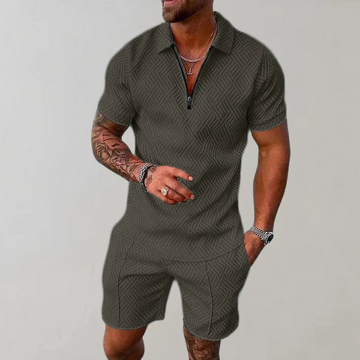 Relaxed men's summer shorts set with a modern zip polo. Perfect casual two-piece outfit for any occasion.