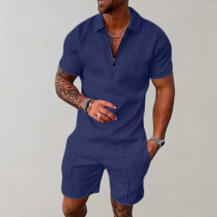 Matching men's shorts set: a stylish zip polo & comfortable shorts. Versatile casual outfit for warm weather.