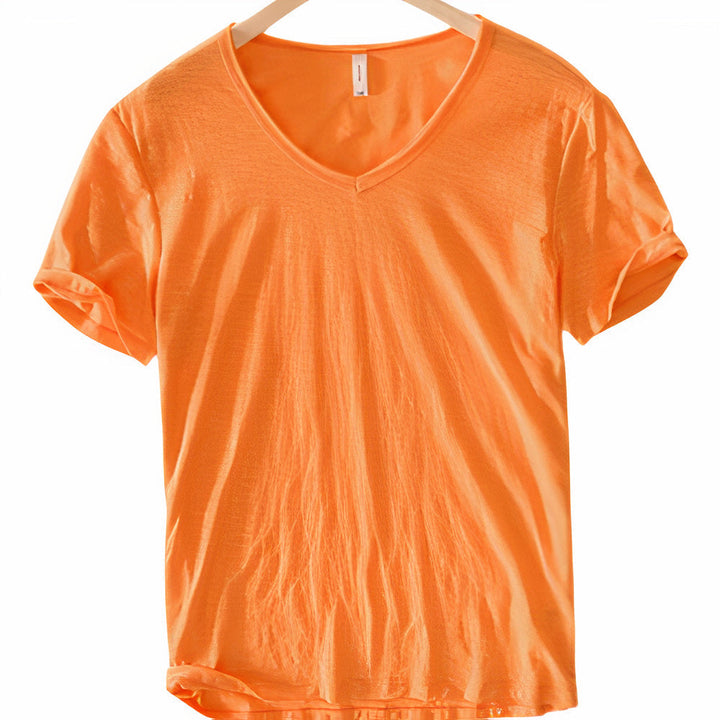 Men's V-neck t-shirt, ideal for relaxed summer days, comfortable short sleeve casual fashion.