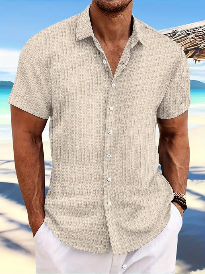 Men's casual white short-sleeve button-down shirt, perfect for summer warm weather style.