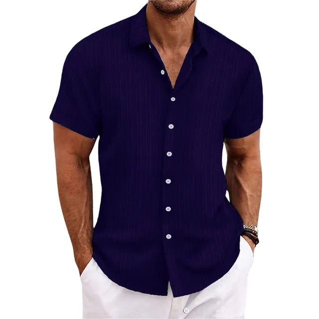 White men's casual short-sleeve button-down shirt with a relaxed fit, perfect for warm weather.