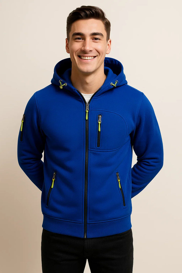 Detail shot of the pocket on a men's casual zip-front hoodie, emphasizing functionality and design.