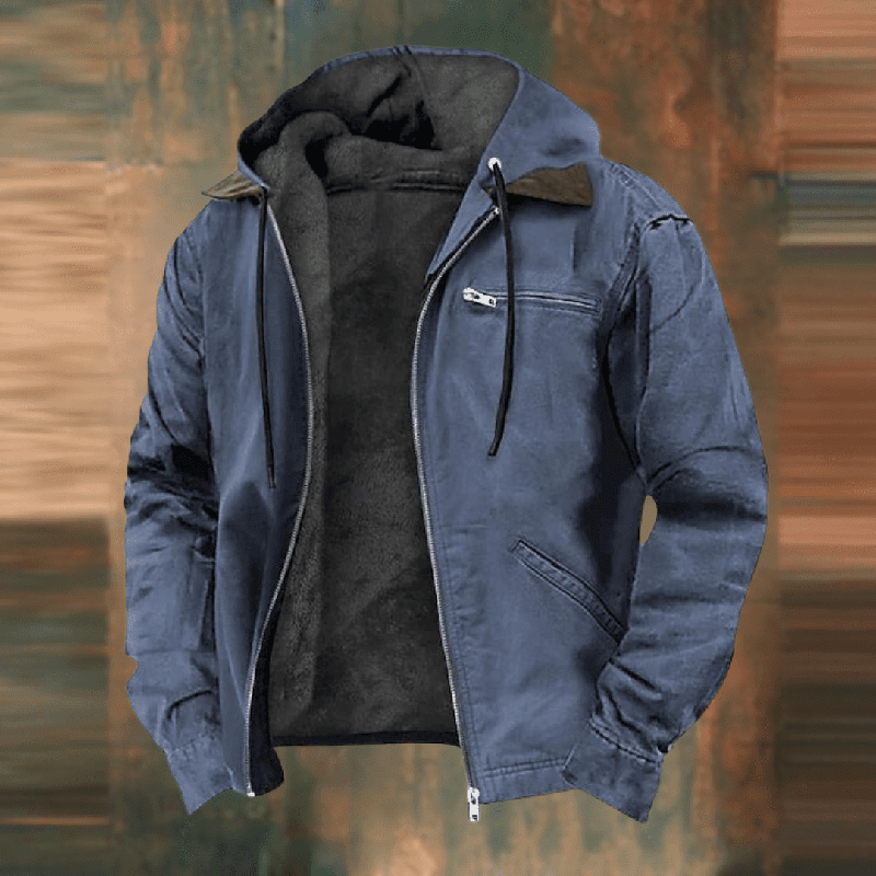 Back view of a comfortable men's hooded jacket, suitable for various casual occasions