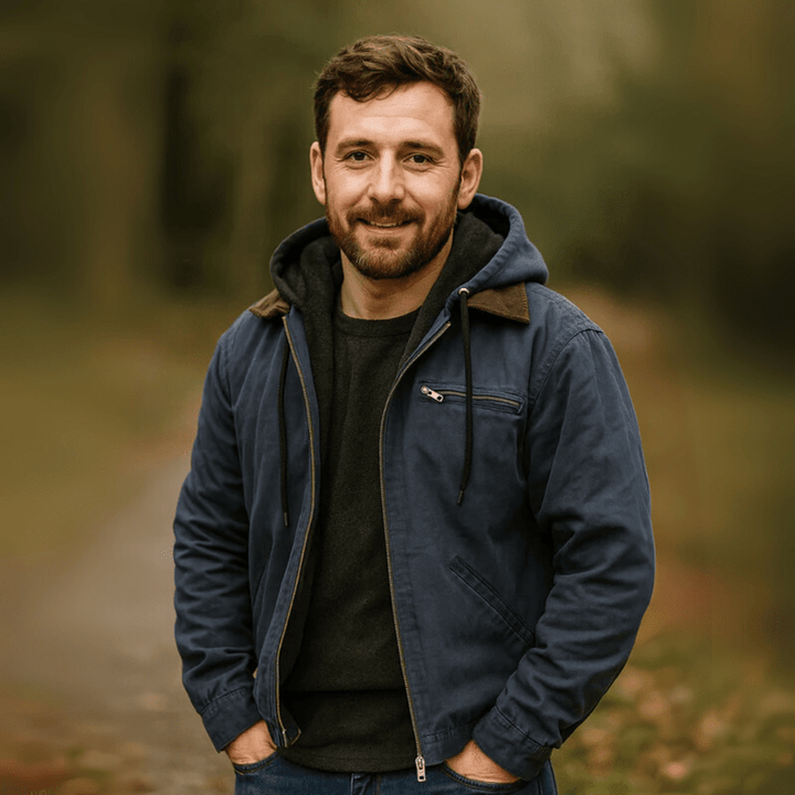 Detail of the hood and an adjustable drawstring on a men's zip-up casual jacket